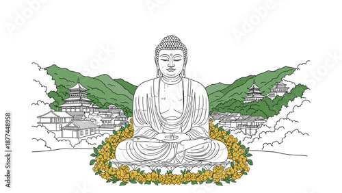 Buddha with temples and mountains: serenity in line art