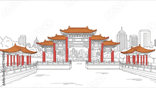 Tranquil chinese pavilion with city skyline in background