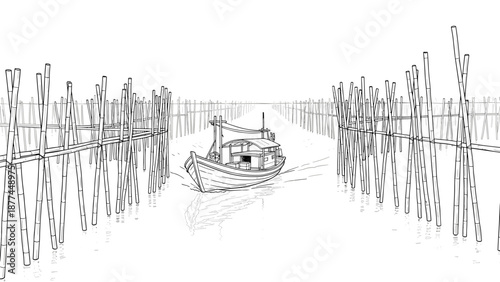 Traditional fishing boat navigating bamboo structures in calm waters