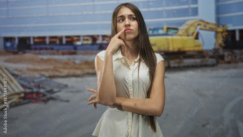 Fototapeta premium Young woman with finger to lips standing in front of excavator and construction building, wearing white dress and sleeveless pose; thoughtful uncertainty.