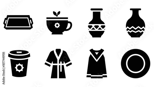 Silhouette icon set of kitchenware and clothing: trays, cups, pots, and robes