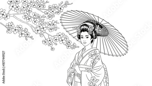 Elegant geisha with cherry blossom and umbrella in detailed line art