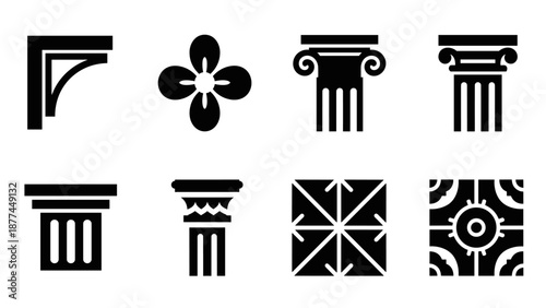 Classic architectural elements in black and white silhouette design