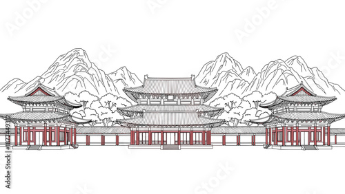 Traditional korean architecture with mountains in linear style