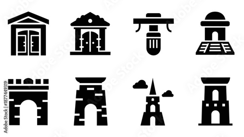 Ancient architecture silhouettes collection: historic buildings and monuments icons