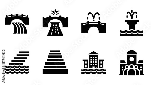 Minimalist black fountain and bridge symbols on white background