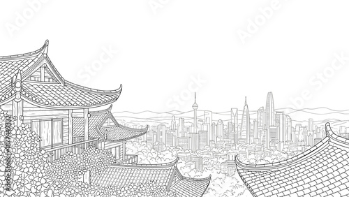 Ancient meets modern: traditional chinese architecture overlooking a futuristic urban skyline