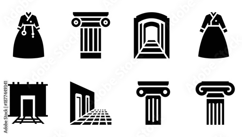 Historical architecture and traditional clothing silhouette icons collection