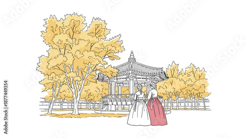 Traditional korean hanbok fashion in autumn park setting with pavilion