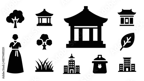 Silhouette asian architecture and nature icons featuring temples and cultural elements
