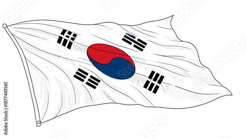 South korea national flag waving in sketch style with traditional symbols