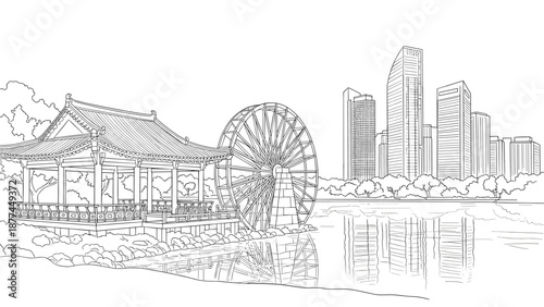 Linear cityscape featuring pagoda and ferris wheel by a river