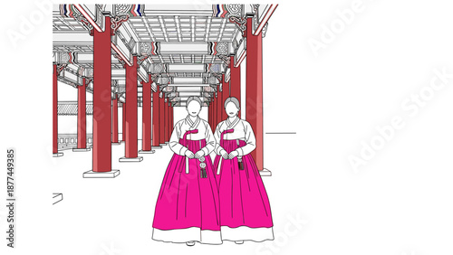 Traditional korean hanbok fashion in architectural setting with column details