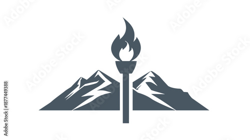 A torch with flames, placed between two mountain silhouettes, against a white background