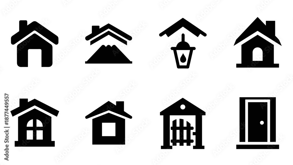 Obraz premium Minimalist black and white home icons set for real estate and architecture design