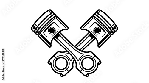 Conceptual Line Art Illustration of Crossed Engine Pistons, Mechanical Components Diagram on Black