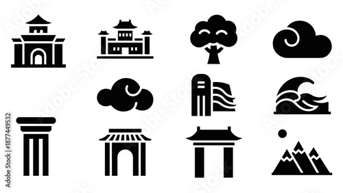 Minimalist asian icon set featuring traditional architecture and nature elements