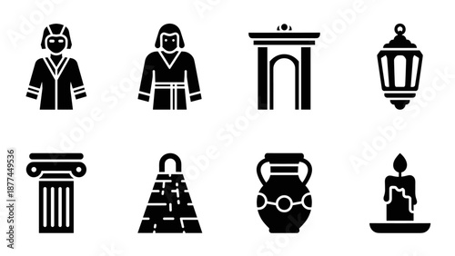 Ancient civilizations icons set: black and white cultural symbols