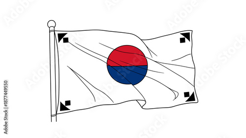 Minimalistic south korean flag drawing with black and red details on pole