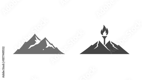 Two symmetrical mountain range icons, one a simple silhouette, the other with a torch