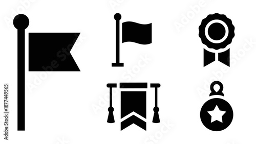 Set of black flag and badge icons for achievements and awards