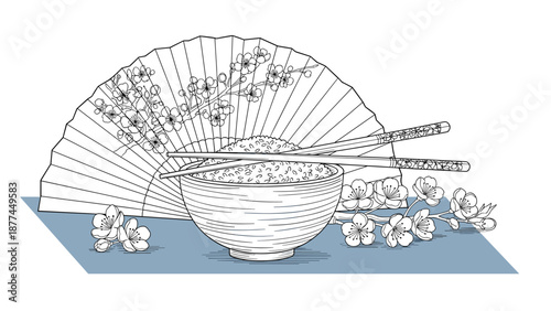 Elegant japanese cuisine with cherry blossoms and traditional fan in linear design