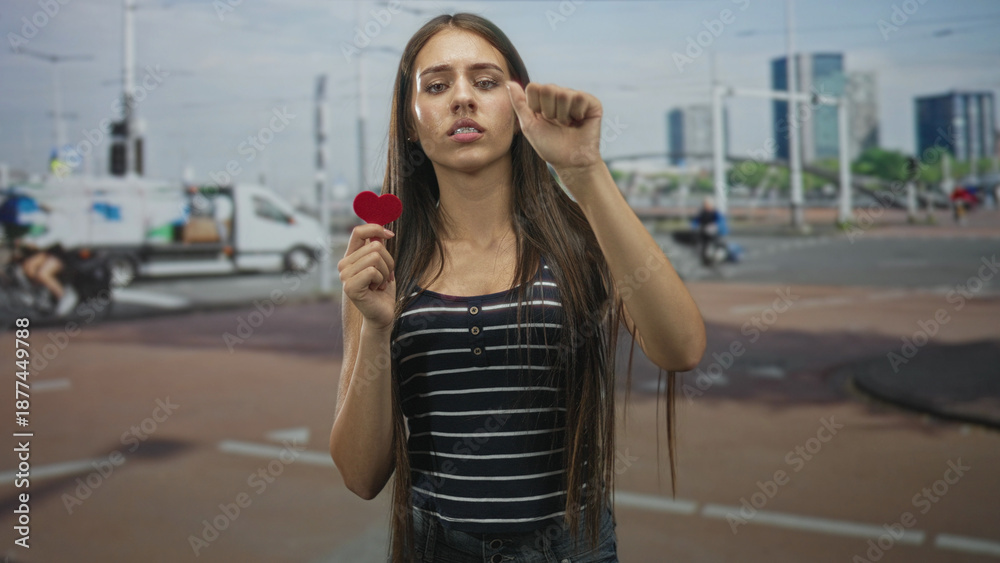 Fototapeta premium Teen woman holds a small red heart in one hand while raising a closed fist toward the camera on a city street; heartbreak longing.