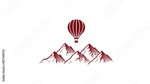 Maroon illustration of a hot air balloon floating above a range of sketched mountain peaks on white