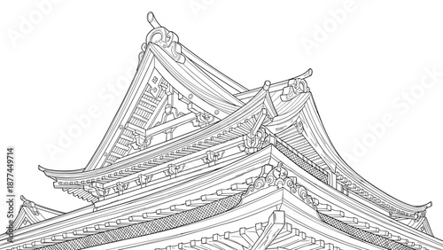 Detailed architectural line art of traditional japanese temple roofs