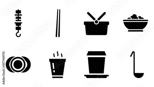 Minimalist food and kitchen icons set featuring silhouette design of utensils and takeout items
