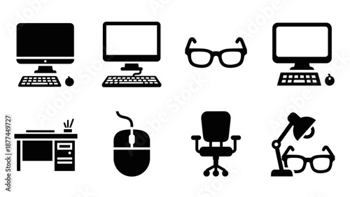 Silhouette office essentials icons: computer, desk, chair, gadgets for modern workspace