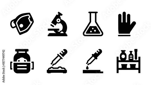 Set of science and laboratory equipment icons in bold silhouette style