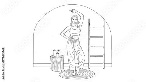 Elegant yoga pose inside minimalist interior with ladder and rugs