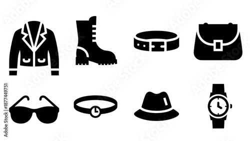 Set of fashion accessories: silhouette icons of boots, watches, and accessories for modern style