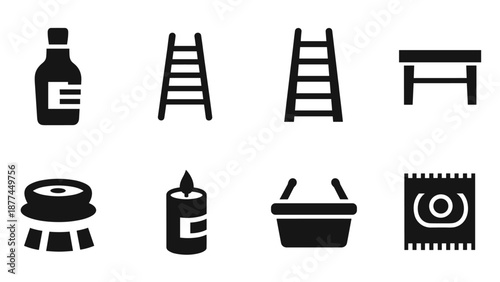 Essential home and garden icons: monochrome set of tools and supplies