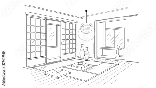 Minimalist japanese room interior with futon and sliding doors line art