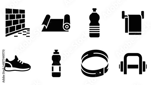 Silhouette icons of fitness equipment: weights, mat, water bottle, shoes