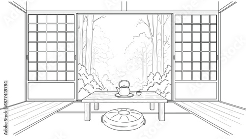 Tranquil japanese tea room with forest view through open sliding doors