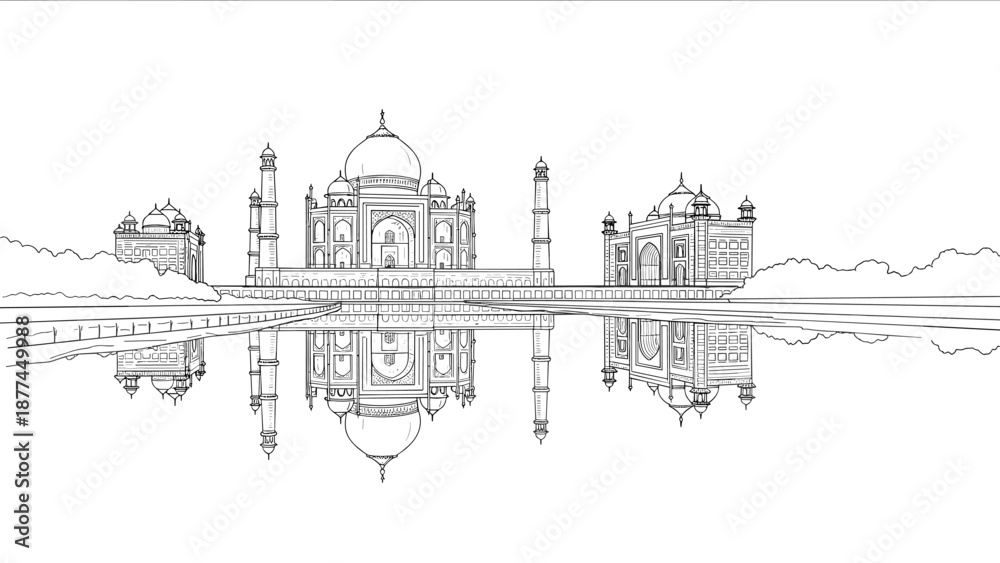 Fototapeta premium Linear outline of taj mahal with water reflection in monochrome design