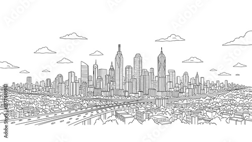 Monochrome cityscape with skyscrapers and highways in linear style