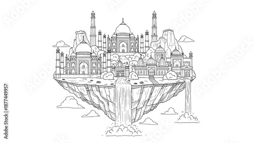 Floating cityscape with majestic temples and waterfalls in linear art style