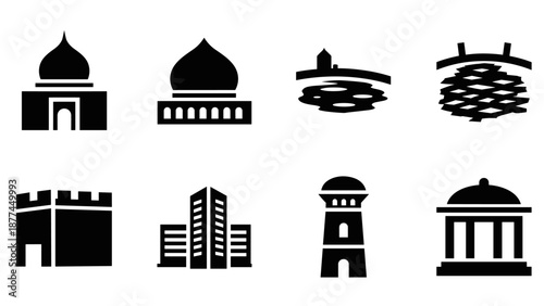 Icon set of architectural landmarks with silhouette style