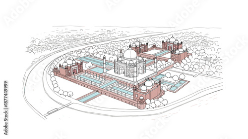 Isometric architectural drawing of iconic monument complex with detailed landscape