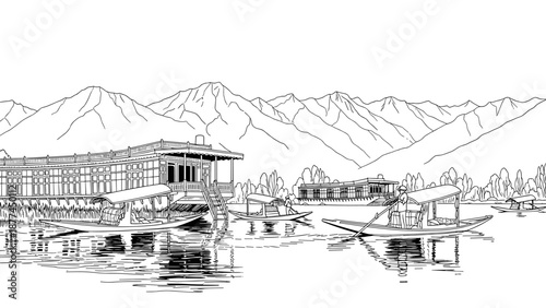 Scenic line art of lakeside boats and mountain landscape