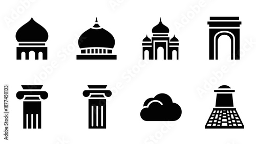 Silhouette architectural icons: columns and landmarks set