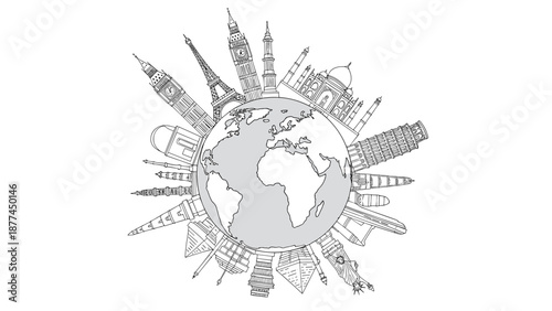 World landmarks around the globe in detailed linear art