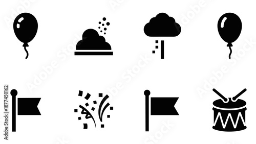 Silhouette icons of balloons, flags, and drums for celebrations