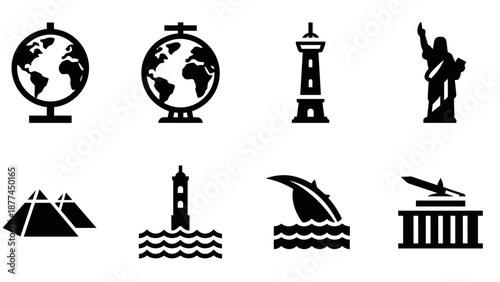 Silhouette icons of world famous landmarks and travel destinations