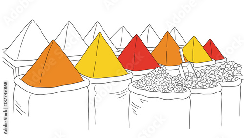 Colorful spice pyramids in market stalls: a vibrant display of flavorful ingredients