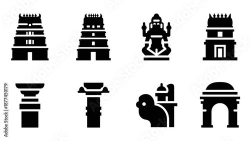 Silhouette icons of indian architectural landmarks and temples in minimal design